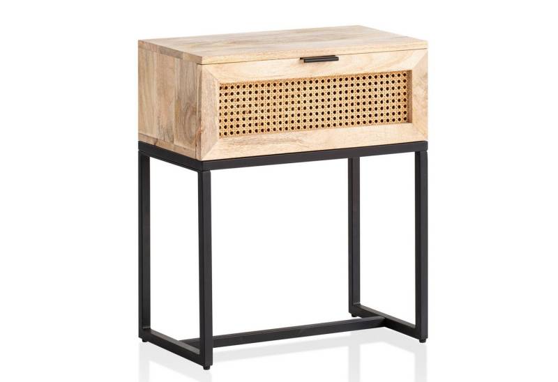 Wohnling Nachttisch Nachtkonsole Mango Massivholz / Rattan 50x60x30 cm Nachttisch Braun, (Nachtkommode Boxspringbett mit Schublade Wiener Geflecht), Nachtkommode Boxspringbett mit Schublade Wiener Geflecht von Wohnling