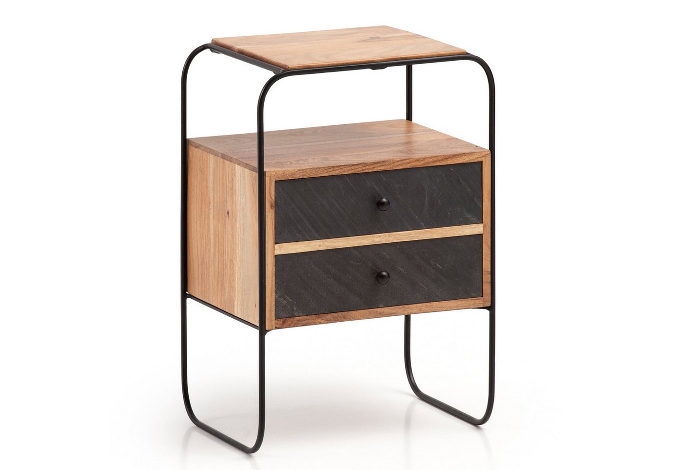 Wohnling Nachttisch Nachttisch Akazie Massivholz / Steinoptik 40x60x30 cm Nachtschrank (Boxspringbett, Industrial Nachtkonsole Braun mit 2 Schubladen), Boxspringbett, Industrial Nachtkonsole Braun mit 2 Schubladen & von Wohnling
