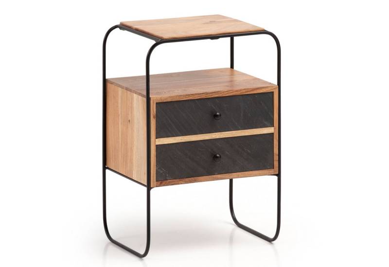 Wohnling Nachttisch Nachttisch Akazie Massivholz / Steinoptik 40x60x30 cm Nachtschrank (Boxspringbett, Industrial Nachtkonsole Braun mit 2 Schubladen), Boxspringbett, Industrial Nachtkonsole Braun mit 2 Schubladen & von Wohnling