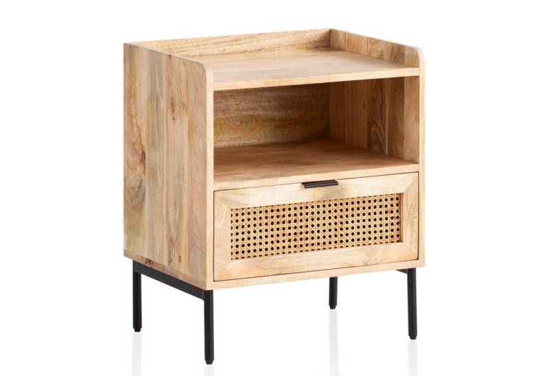Wohnling Nachttisch WL6.806 (Massivholz / Rattan 50x60x40 cm Nachtschrank), Nachtkästchen Modern, Nachtkonsole mit Schublade von Wohnling