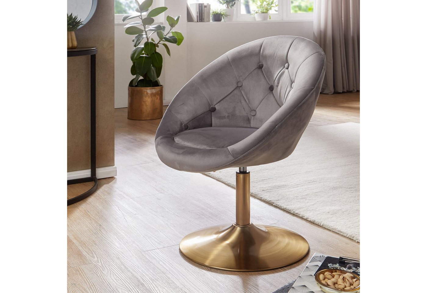 Wohnling Polsterstuhl WL6.299 (Samt Grau / Gold Design Drehstuhl mit Rückenlehne), Clubsessel Lounge, Relaxsessel Loungesessel von Wohnling