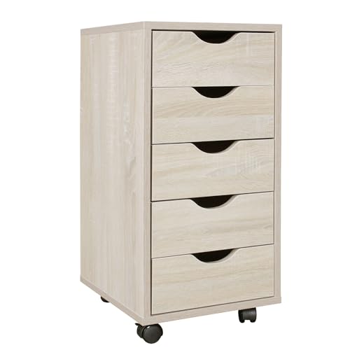 Wohnling Rollcontainer 33 x 64 x 38 cm MDF-Holz 5 Schubladen Sonoma, Moderner Schubladencontainer mit Rollen, Standcontainer Bürocontainer von Wohnling