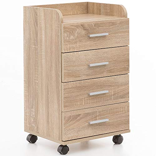 Wohnling Rollcontainer WL5.749 40x70,5x33cm Sonoma, Schreibtisch-Container Rollschrank 4 Schubladen, Moderner Schubladencontainer mit Rollen, Standcontainer Bürocontainer Beistellcontainer von Wohnling