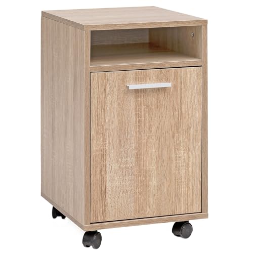 Wohnling Rollcontainer Sonoma 33x60x38cm Schubladenschrank Büro, Schreibtischcontainer mit Tür & Ablage, Bürocontainer mit Rollen, Kleiner Schubladencontainer von Wohnling