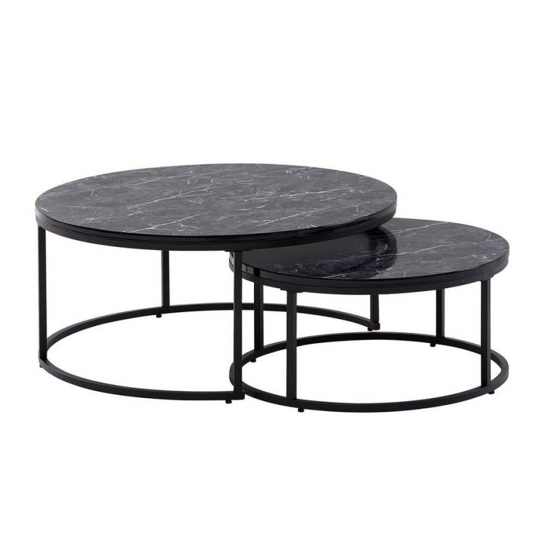 Wohnling Satztisch WL6.506 (2er Set Schwarz Marmor Optik, Couchtisch Rund), Sofatisch Rund, Design Wohnzimmertisch Modern von Wohnling