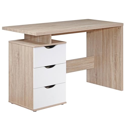 Wohnling Schreibtisch MASSA 120 x 76 x 53 cm mit 3 Schubladen in Sonoma Weiß, Computertisch modern für Jugendliche, Laptoptisch platzsparend mit Ablage von Wohnling