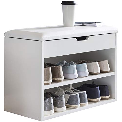Wohnling Schuhbank mit Sitzfläche Weiß Garderoben-Bank Holz 60 x 40 x 30 cm, Holzbank klein gepolstert, Sitzbank schmal Flur mit Stauraum, Truhenbank Schuhtruhe Flurmöbel von Wohnling