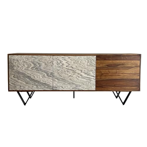 Wohnling Sideboard 175x71x40 cm Sheesham Massivholz Kommode mit Steinoptik Weiß, Hoher Kommodenschrank Modern, Standschrank mit 2 Türen und 3 Schubladen, Anrichte Wohnzimmer von Wohnling