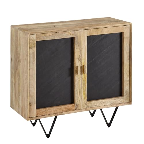 Wohnling Sideboard 80x75x35 cm Mango Massivholz/Stein-Optik Anrichte Braun, Kommode mit 2 Türen, Kleiner Kommodenschrank Holz Massiv, Standschrank Mehrzweckkommode mit Metallgestell von Wohnling