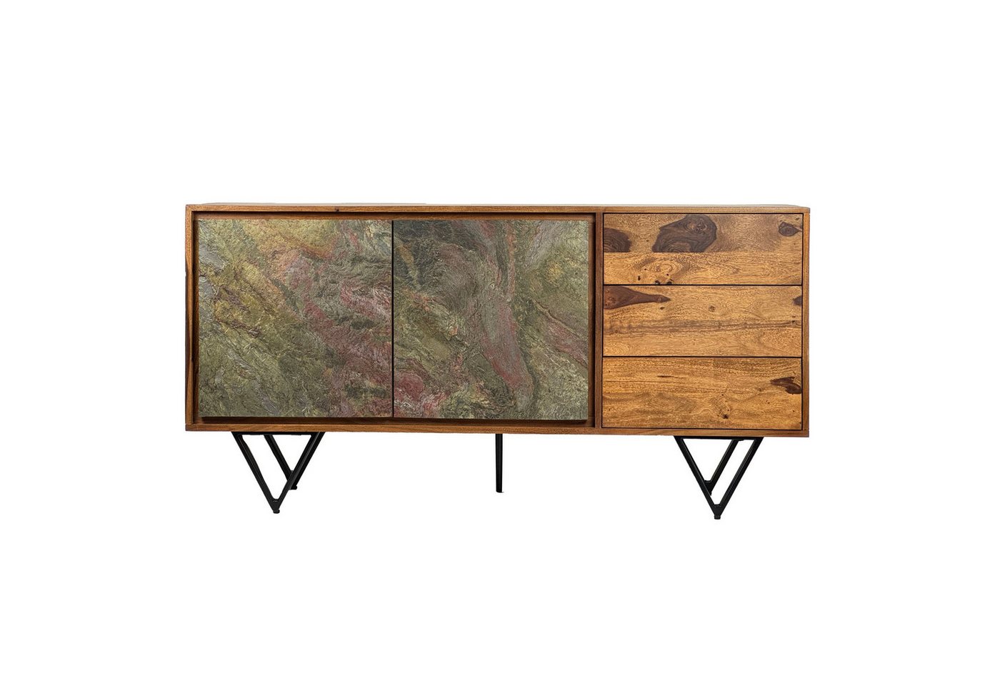 Wohnling Sideboard WL7.032 (150 cm Massivholz Braun, Kommode Steinoptik), Anrichte Modern, Standschrank Türen & Schubladen von Wohnling