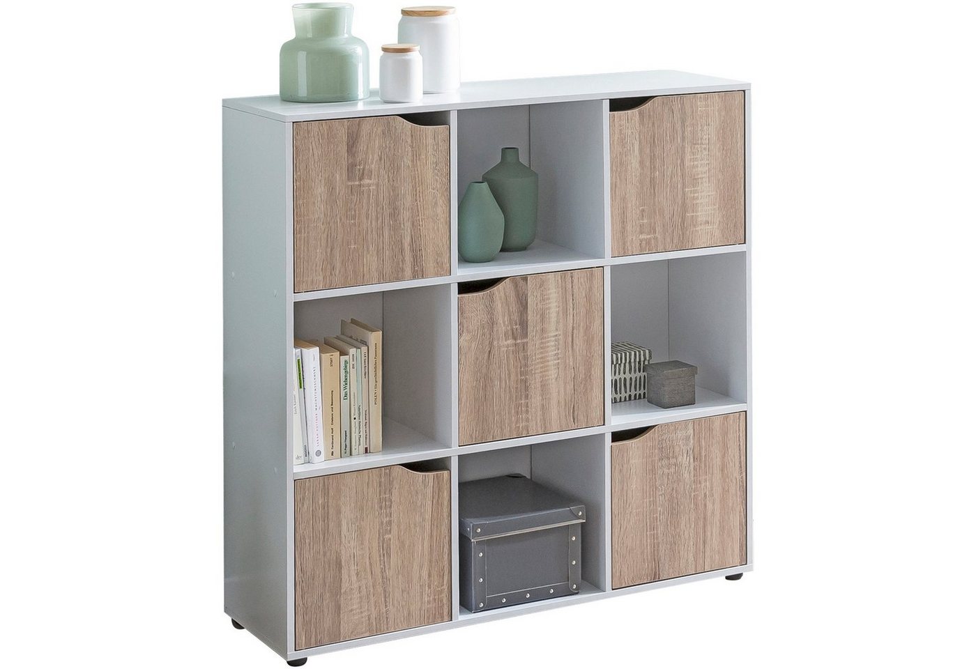 Wohnling Standregal WL5.526, 89x91x29 cm, Bücherregal mit 9 Fächern Sonoma Weiß, Sideboard mit 5 Türen, Würfelregal Raumteiler von Wohnling