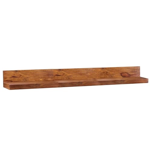 Wohnling Wandregal Massiv-Holz Sheesham Holzregal 160 cm breit Landhaus-Stil Hänge-Regal Echt-Holz Wand-Board Natur-Produkt Wandkonsole dunkel-braun Brett unbehandelt Regale zum Aufhängen von Wohnling