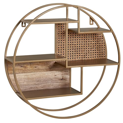 Wohnling Wandregal Rattan 62x62x17 cm Hängeregal Massivholz/Metall Industrial, Schweberegal Wiener Geflecht Rund Wand, Regal Hängend Offen Wohnzimmer von Wohnling