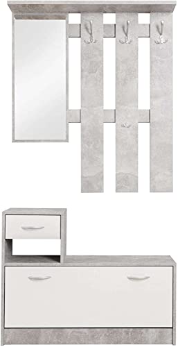 Vera Garderobe mit Spiegel weiß matt - Kompaktgarderobe Korpus Beton Optik - 100 x 190 x 26 cm (B/H/T) von Stella Trading