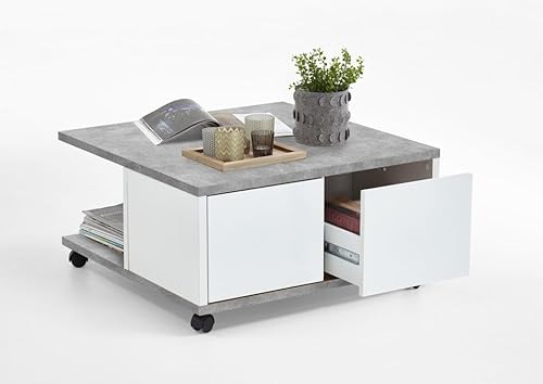 Wohnorama Twin 1 Couchtisch auf Rollen von FMD Beton/Weiss Edelglanz von Wohnorama