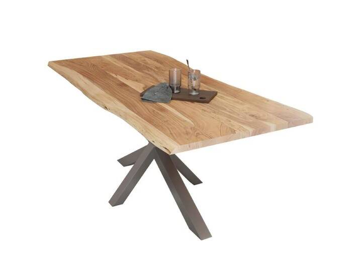 Liadomo Diala Baumkantentisch Akazie Massivholz mit 35mm Platte - Akazie massiv natur lackiert , Spider-Gestell Metall silber , 220 x 100, Esstisch, Esszimmer, verschiedene Metallgestelle und Größen, robust, langlebig, pflegeleicht, geeignet für große und kleine Essbereiche, Unikat, Industrial, Natur von Wohnparc