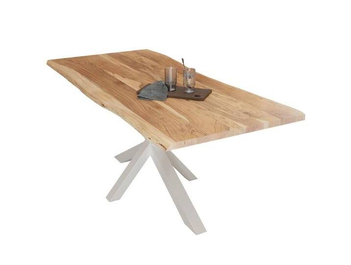 Liadomo Diala Baumkantentisch Akazie Massivholz mit 35mm Platte - Akazie massiv natur lackiert , Spider-Gestell Metall weiß , 220 x 100, Esstisch, Esszimmer, verschiedene Metallgestelle und Größen, robust, langlebig, pflegeleicht, geeignet für große und kleine Essbereiche, Unikat, Industrial, Natur von Wohnparc