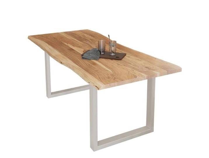 Liadomo Diala Baumkantentisch Akazie Massivholz mit 35mm Platte - Akazie massiv natur lackiert , U-Gestell Metall weiß , 180 x 90, Esstisch, Esszimmer, verschiedene Metallgestelle und Größen, robust, langlebig, pflegeleicht, geeignet für große und kleine Essbereiche, Unikat, Industrial, Natur von Wohnparc