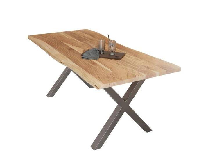 Liadomo Diala Baumkantentisch Akazie Massivholz mit 35mm Platte - Akazie massiv natur lackiert , X-Gestell Metall silber , 240 x 100, Esstisch, Esszimmer, verschiedene Metallgestelle und Größen, robust, langlebig, pflegeleicht, geeignet für große und kleine Essbereiche, Unikat, Industrial, Natur von Wohnparc