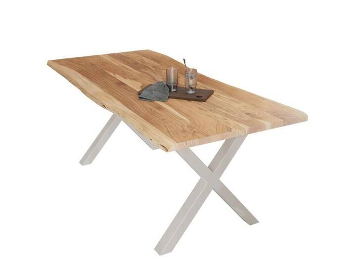 Liadomo Diala Baumkantentisch Akazie Massivholz mit 35mm Platte - Akazie massiv natur lackiert , X-Gestell Metall weiß , 180 x 90, Esstisch, Esszimmer, verschiedene Metallgestelle und Größen, robust, langlebig, pflegeleicht, geeignet für große und kleine Essbereiche, Unikat, Industrial, Natur von Wohnparc