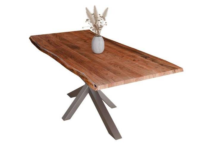Liadomo Diala Baumkantentisch Akazie Massivholz mit 35mm Platte - Akazie massiv nuss lackiert , Spider-Gestell Metall silber , 180 x 90, Esstisch, Esszimmer, verschiedene Metallgestelle und Größen, robust, langlebig, pflegeleicht, geeignet für große und kleine Essbereiche, Unikat, Industrial, Natur von Wohnparc