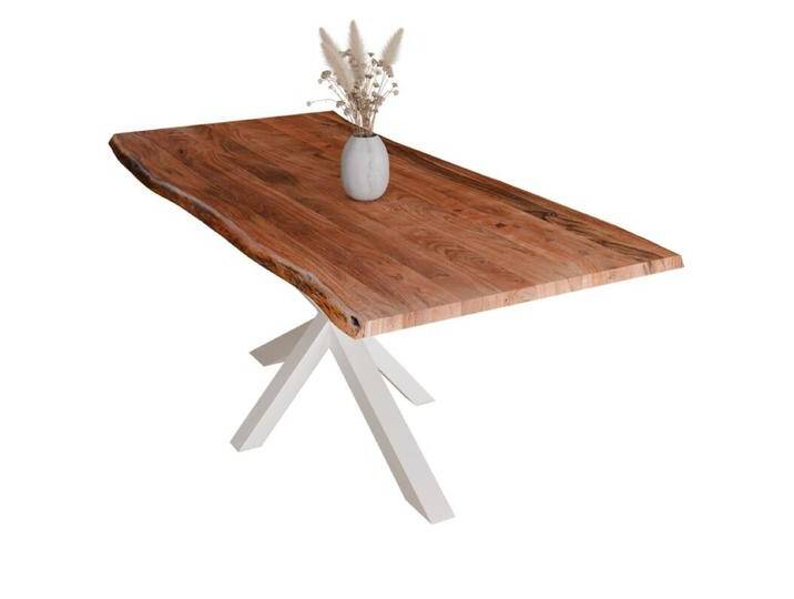 Liadomo Diala Baumkantentisch Akazie Massivholz mit 35mm Platte - Akazie massiv nuss lackiert , Spider-Gestell Metall weiß , 160 x 85, Esstisch, Esszimmer, verschiedene Metallgestelle und Größen, robust, langlebig, pflegeleicht, geeignet für große und kleine Essbereiche, Unikat, Industrial, Natur von Wohnparc