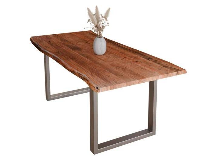Liadomo Diala Baumkantentisch Akazie Massivholz mit 35mm Platte - Akazie massiv nuss lackiert , U-Gestell Metall silber , 200 x 100, Esstisch, Esszimmer, verschiedene Metallgestelle und Größen, robust, langlebig, pflegeleicht, geeignet für große und kleine Essbereiche, Unikat, Industrial, Natur von Wohnparc