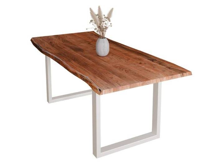 Liadomo Diala Baumkantentisch Akazie Massivholz mit 35mm Platte - Akazie massiv nuss lackiert , U-Gestell Metall weiß , 220 x 100, Esstisch, Esszimmer, verschiedene Metallgestelle und Größen, robust, langlebig, pflegeleicht, geeignet für große und kleine Essbereiche, Unikat, Industrial, Natur von Wohnparc