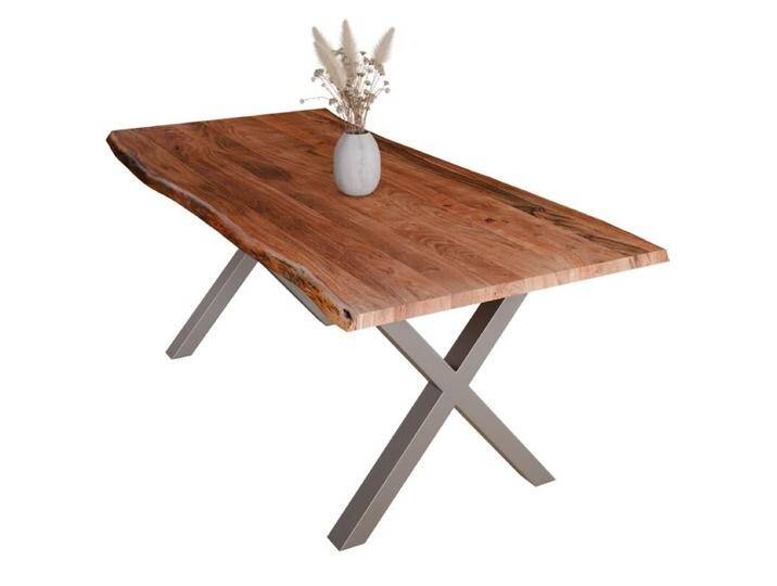 Liadomo Diala Baumkantentisch Akazie Massivholz mit 35mm Platte - Akazie massiv nuss lackiert , X-Gestell Metall silber , 220 x 100, Esstisch, Esszimmer, verschiedene Metallgestelle und Größen, robust, langlebig, pflegeleicht, geeignet für große und kleine Essbereiche, Unikat, Industrial, Natur von Wohnparc