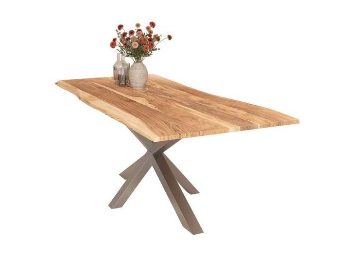 Liadomo Isa Baumkantentisch Akazie Massivholz mit 26 mm Platte - Spider-Gestell Metall silber , Akazie massiv natur lackiert , 160 x 85, Esstisch, Esszimmer, verschiedene Metallgestelle und Größen, robust, langlebig, pflegeleicht, geeignet für große und kleine Essbereiche, Unikat, Industrial, Natur von Wohnparc