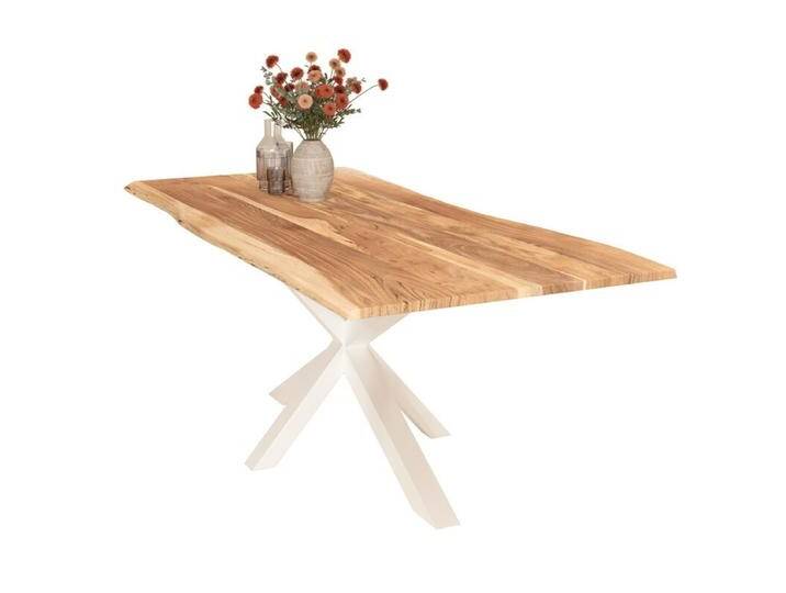 Liadomo Isa Baumkantentisch Akazie Massivholz mit 26 mm Platte - Spider-Gestell Metall weiß , Akazie massiv natur lackiert , 200 x 100, Esstisch, Esszimmer, verschiedene Metallgestelle und Größen, robust, langlebig, pflegeleicht, geeignet für große und kleine Essbereiche, Unikat, Industrial, Natur von Wohnparc
