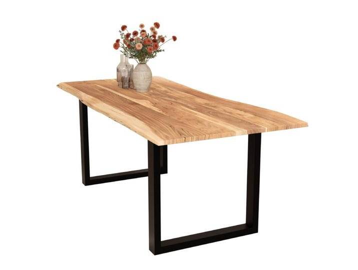 Liadomo Isa Baumkantentisch Akazie Massivholz mit 26 mm Platte - U-Gestell Metall schwarz , Akazie massiv natur lackiert , 140 x 80, Esstisch, Esszimmer, verschiedene Metallgestelle und Größen, robust, langlebig, pflegeleicht, geeignet für große und kleine Essbereiche, Unikat, Industrial, Natur von Wohnparc