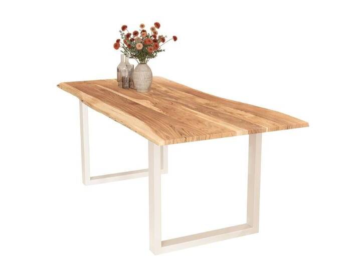 Liadomo Isa Baumkantentisch Akazie Massivholz mit 26 mm Platte - U-Gestell Metall weiß , Akazie massiv natur lackiert , 180 x 90, Esstisch, Esszimmer, verschiedene Metallgestelle und Größen, robust, langlebig, pflegeleicht, geeignet für große und kleine Essbereiche, Unikat, Industrial, Natur von Wohnparc
