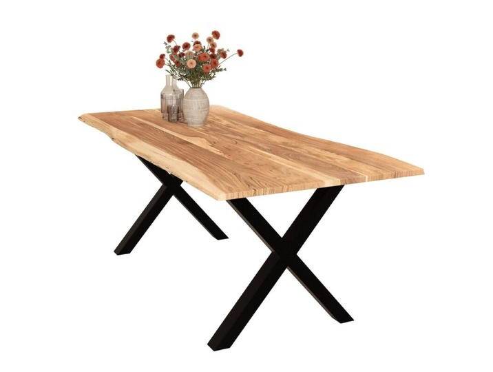 Liadomo Isa Baumkantentisch Akazie Massivholz mit 26 mm Platte - X-Gestell Metall schwarz , Akazie massiv natur lackiert , 200 x 100, Esstisch, Esszimmer, verschiedene Metallgestelle und Größen, robust, langlebig, pflegeleicht, geeignet für große und kleine Essbereiche, Unikat, Industrial, Natur von Wohnparc