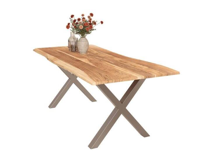 Liadomo Isa Baumkantentisch Akazie Massivholz mit 26 mm Platte - X-Gestell Metall silber , Akazie massiv natur lackiert , 160 x 85, Esstisch, Esszimmer, verschiedene Metallgestelle und Größen, robust, langlebig, pflegeleicht, geeignet für große und kleine Essbereiche, Unikat, Industrial, Natur von Wohnparc