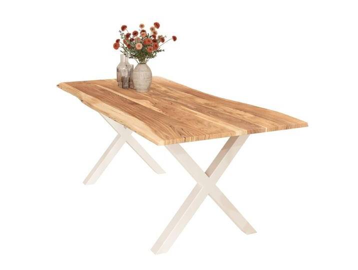 Liadomo Isa Baumkantentisch Akazie Massivholz mit 26 mm Platte - X-Gestell Metall weiß , Akazie massiv natur lackiert , 120 x 80, Esstisch, Esszimmer, verschiedene Metallgestelle und Größen, robust, langlebig, pflegeleicht, geeignet für große und kleine Essbereiche, Unikat, Industrial, Natur von Wohnparc