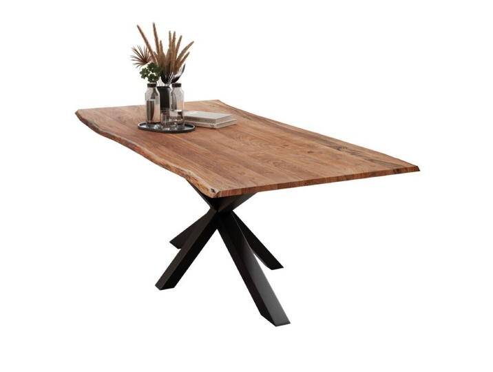 Liadomo Isa Baumkantentisch Akazie Massivholz mit 26 mm Platte - Spider-Gestell Metall schwarz , Akazie massiv nuss lackiert , 140 x 80, Esstisch, Esszimmer, verschiedene Metallgestelle und Größen, robust, langlebig, pflegeleicht, geeignet für große und kleine Essbereiche, Unikat, Industrial, Natur von Wohnparc