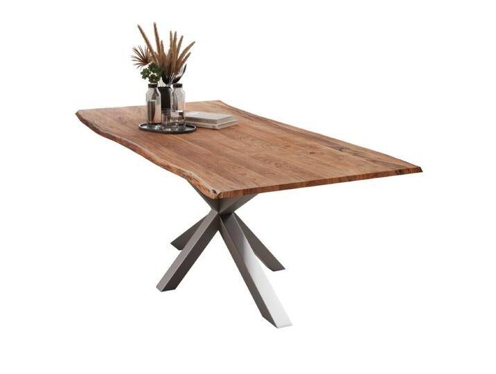 Liadomo Isa Baumkantentisch Akazie Massivholz mit 26 mm Platte - Spider-Gestell Metall silber , Akazie massiv nuss lackiert , 200 x 100, Esstisch, Esszimmer, verschiedene Metallgestelle und Größen, robust, langlebig, pflegeleicht, geeignet für große und kleine Essbereiche, Unikat, Industrial, Natur von Wohnparc