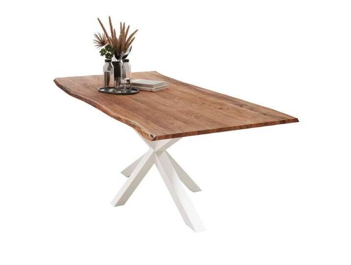 Liadomo Isa Baumkantentisch Akazie Massivholz mit 26 mm Platte - Spider-Gestell Metall weiß , Akazie massiv nuss lackiert , 240 x 100, Esstisch, Esszimmer, verschiedene Metallgestelle und Größen, robust, langlebig, pflegeleicht, geeignet für große und kleine Essbereiche, Unikat, Industrial, Natur von Wohnparc