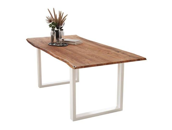 Liadomo Isa Baumkantentisch Akazie Massivholz mit 26 mm Platte - U-Gestell Metall weiß , Akazie massiv nuss lackiert , 90 x 90, Esstisch, Esszimmer, verschiedene Metallgestelle und Größen, robust, langlebig, pflegeleicht, geeignet für große und kleine Essbereiche, Unikat, Industrial, Natur von Wohnparc