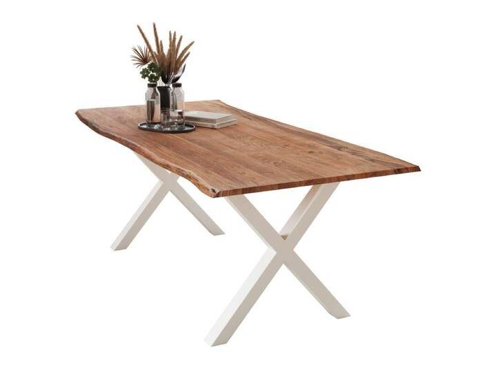 Liadomo Isa Baumkantentisch Akazie Massivholz mit 26 mm Platte - X-Gestell Metall weiß , Akazie massiv nuss lackiert , 220 x 100, Esstisch, Esszimmer, verschiedene Metallgestelle und Größen, robust, langlebig, pflegeleicht, geeignet für große und kleine Essbereiche, Unikat, Industrial, Natur von Wohnparc