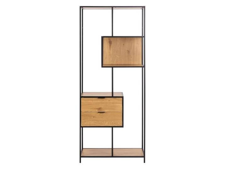 Trendstore Auroa Regal hoch mit 2 Schubladen - in Weiß oder Schwarz mit Eiche Nachbildung - Stahlgestell schwarz matt pulverbeschichtet, Standregal, Raumteiler, asymmetrisches Design, vielseitig und funktional, in Grau oder Schwarz mit Wildeiche Nachbildung, Modern, Push-to-open von Wohnparc