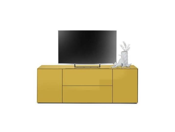 Trendstore Makoa Lowboard mit Korpus und Front aus Glas glänzend - Glas goldgelb glanz, 2 Türen, 1 Schub und 1 Klappe, montierbar in 3 Varianten, grifflos, push-to-open Funktion, inkl. Softclose, Modern, Push-to-open, Soft-Close-Funktion von Wohnparc