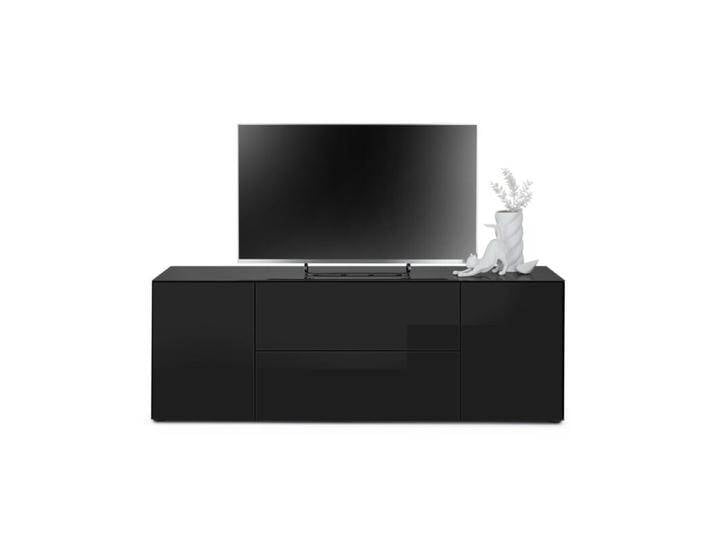Trendstore Makoa Lowboard mit Korpus und Front aus Glas glänzend - Glas schwarz glanz, 2 Türen, 1 Schub und 1 Klappe, montierbar in 3 Varianten, grifflos, push-to-open Funktion, inkl. Softclose, Modern, Soft-Close-Funktion von Wohnparc