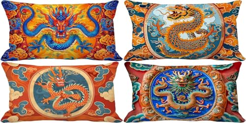 Kissenbezug 30x50 cm 4er Set Tier Kissenbezug Drachen Muster mit Unsichtbarem Reißverschluss Design, Rechteck Outdoor Kissen Wetterfest Linen Doppelseitig Dekokissen für Home Zimmer Deko Aesthetic Q-9 von Wohoaqig