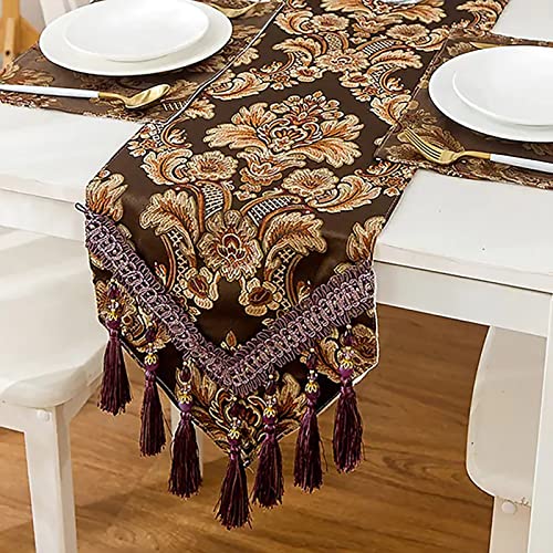 Tischläufer Home Tischwäsche Gestickte Tischläufer, moderne Jacquard-Stoff-Damast-Tischläufer mit handgemachten Multi-Quasten, Kommode-Dekorationstischläufer, 7 Farben Für Partys, Hochzeiten, Esstisch von Woidxzxza