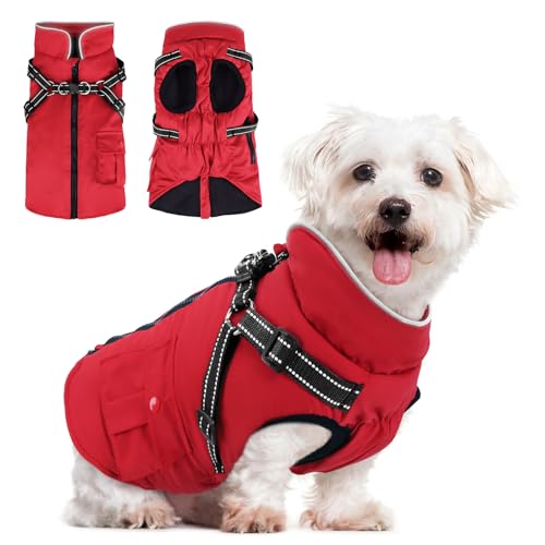 Woiil Hundemantel für Mittelgroße Hunde Winter Warmer Winter Wasserdicht Hundejacke Winddichter Wintermantel kuschelige Reflektierend Ärmellose mit Geschirr Outdoor Rot M von Woiil