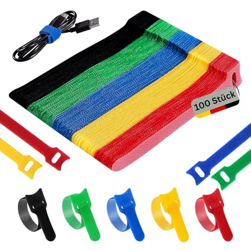 Klett Kabelbinder wiederverwendbar Bunt 100 Stück 150×12mm Nylon Klettband Kabelmanagement, Klettkabelbinder, Verstellbare Wiederverschließbar Kabelklettbänder Klettverschluss Band Cable Organizer von Woitra