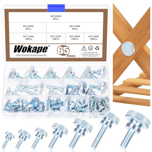 Wokape 65Pcs gerändelt Rändelschraube Sortiment Kit, M3 M4 M5 M6 M8 verzinkt Kohlenstoffstahl gerändelt Rändelschraube flach gerändelt Kopf Vollgewinde Bolzen Fastener von Wokape