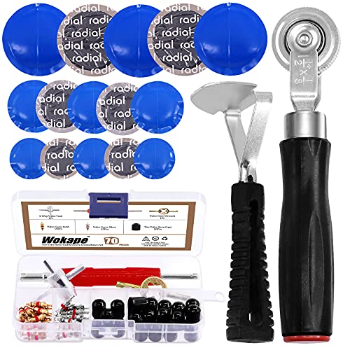Wokape 70-tlg Reifenflicken Werkzeug Set, inkl Reifenventilentferner Ventilwerkzeuge Set, Reifenschaber, Komprimierrad, Ventilkern und Reifenflicken von Wokape